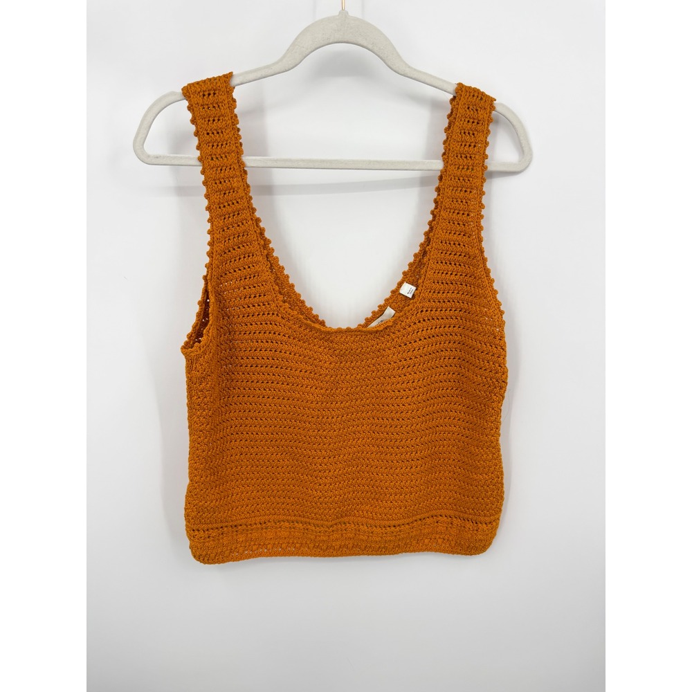 Vince Crochet Knit Tank Top Women Large Orange V-Neck Organic Cotton Sleeveless